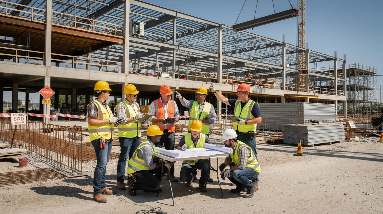 A group of construction workers wearing hard hats and safety vests are collaborating on a commercial building project, with visible steel framing and concrete structures. This scene highlights the skilled labor and teamwork essential in the construction industry, reflecting the merit shop principles that promote a competitive environment and workforce development.