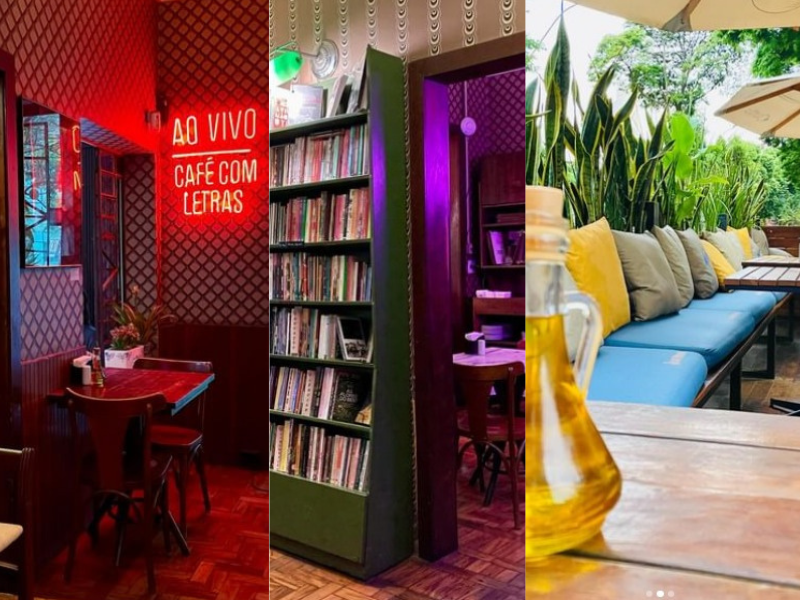 Diferentes ambientes da cafeteria, livraria e clube de Jazz Café com Letras, em Belo Horizonte. Imagens: Reprodução Instagram.