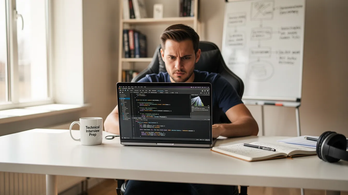 A developer is seated at a desk, focused on a laptop displaying lines of code, as they prepare for a technical interview that may involve coding questions and system design challenges. The atmosphere suggests a serious approach to mastering technical concepts and achieving a successful outcome in the interview process.