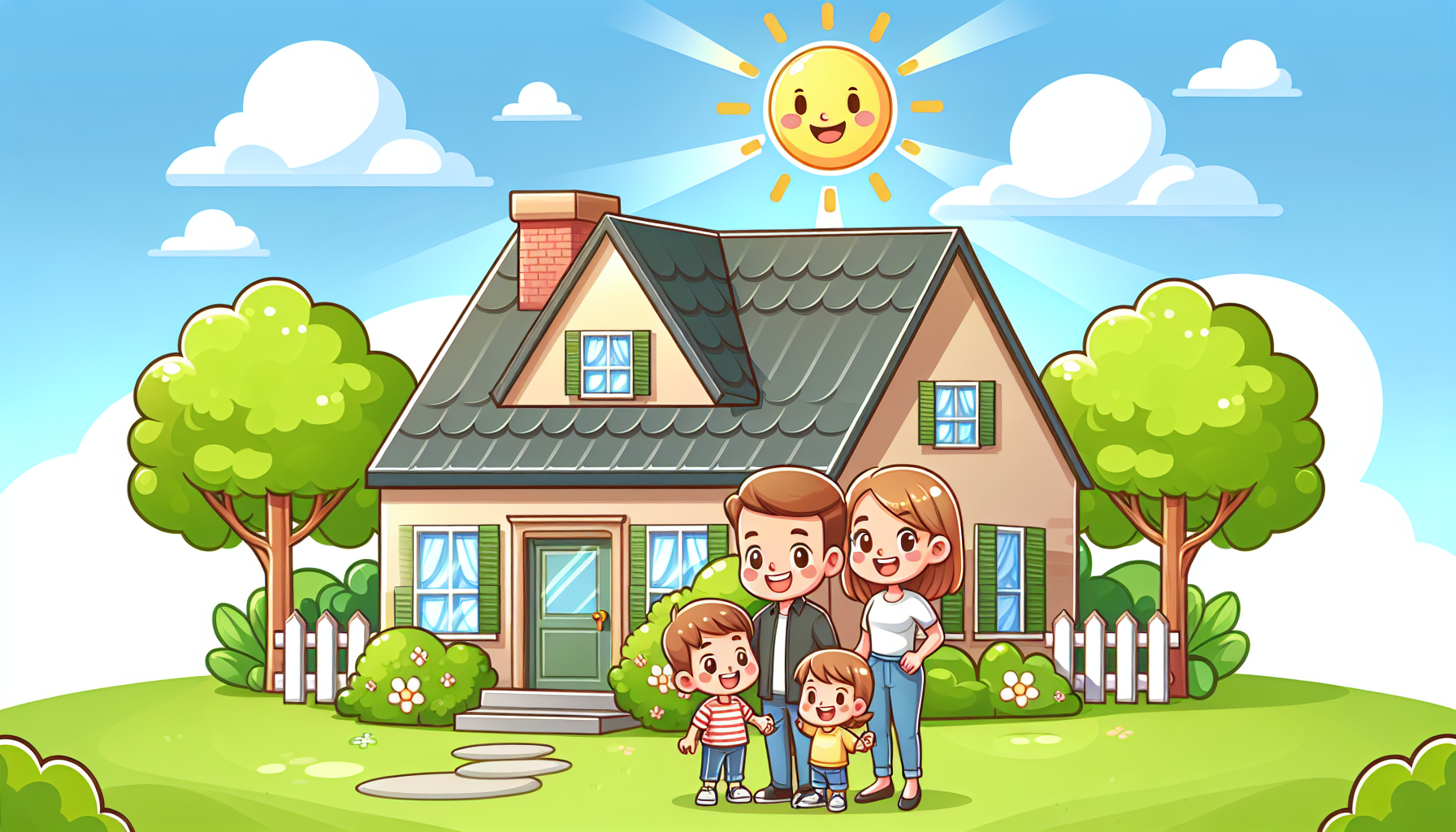 An illustration demonstrating the benefits of regular roof inspections, showing a happy family and a well-maintained house.