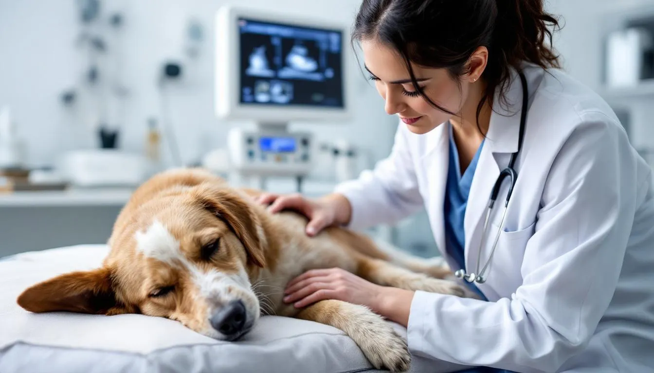 A veterinary technician is performing an ultrasound examination on a dog, focusing on the urinary bladder to check for potential bladder stones, such as calcium oxalate or struvite stones, which can indicate urinary tract infections or other health concerns. The technician uses a transducer to visualize the dog