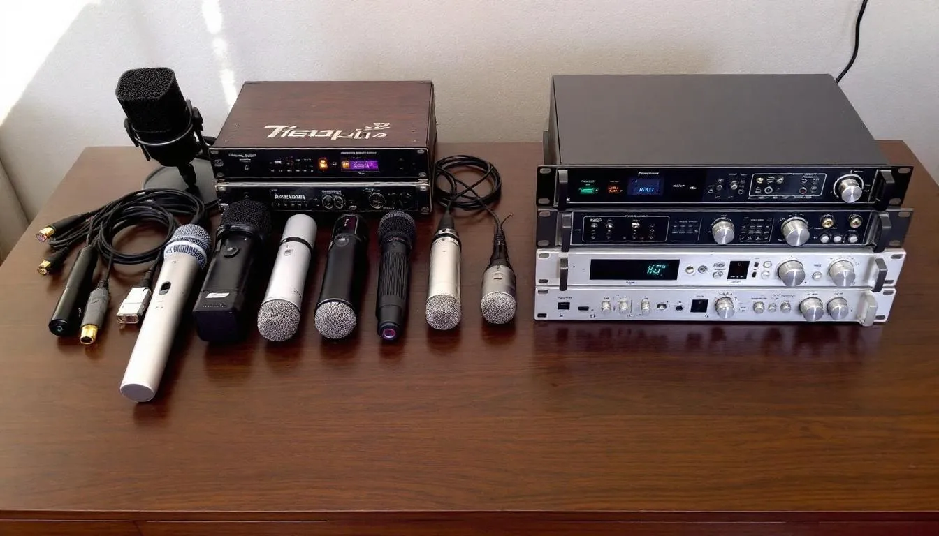 Auf einem Tisch sind verschiedene Tonabnehmer-Systeme und Preamps nebeneinander angeordnet, die für Ukulelen und andere Saiteninstrumente verwendet werden können. Die unterschiedlichen Modelle zeigen eine Vielfalt an Designs und Funktionen, die für den optimalen Klang und die Installation in Instrumenten wie der Tenor- oder Sopranukulele wichtig sind.