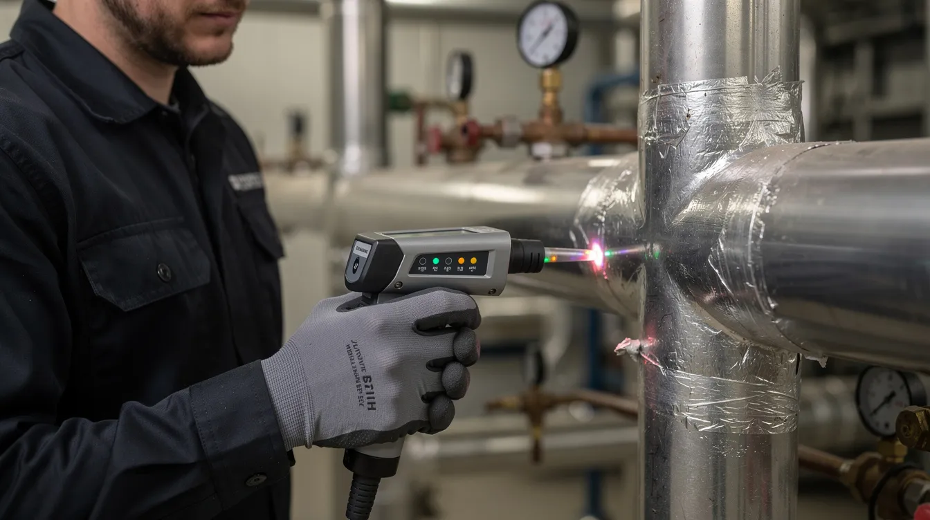 A close-up image shows a technician using professional electronic leak detection equipment to inspect refrigerant piping, ensuring the air conditioning system operates effectively. This maintenance work is crucial for identifying leakage issues in aircon systems, particularly for expert technicians in Cape Town.