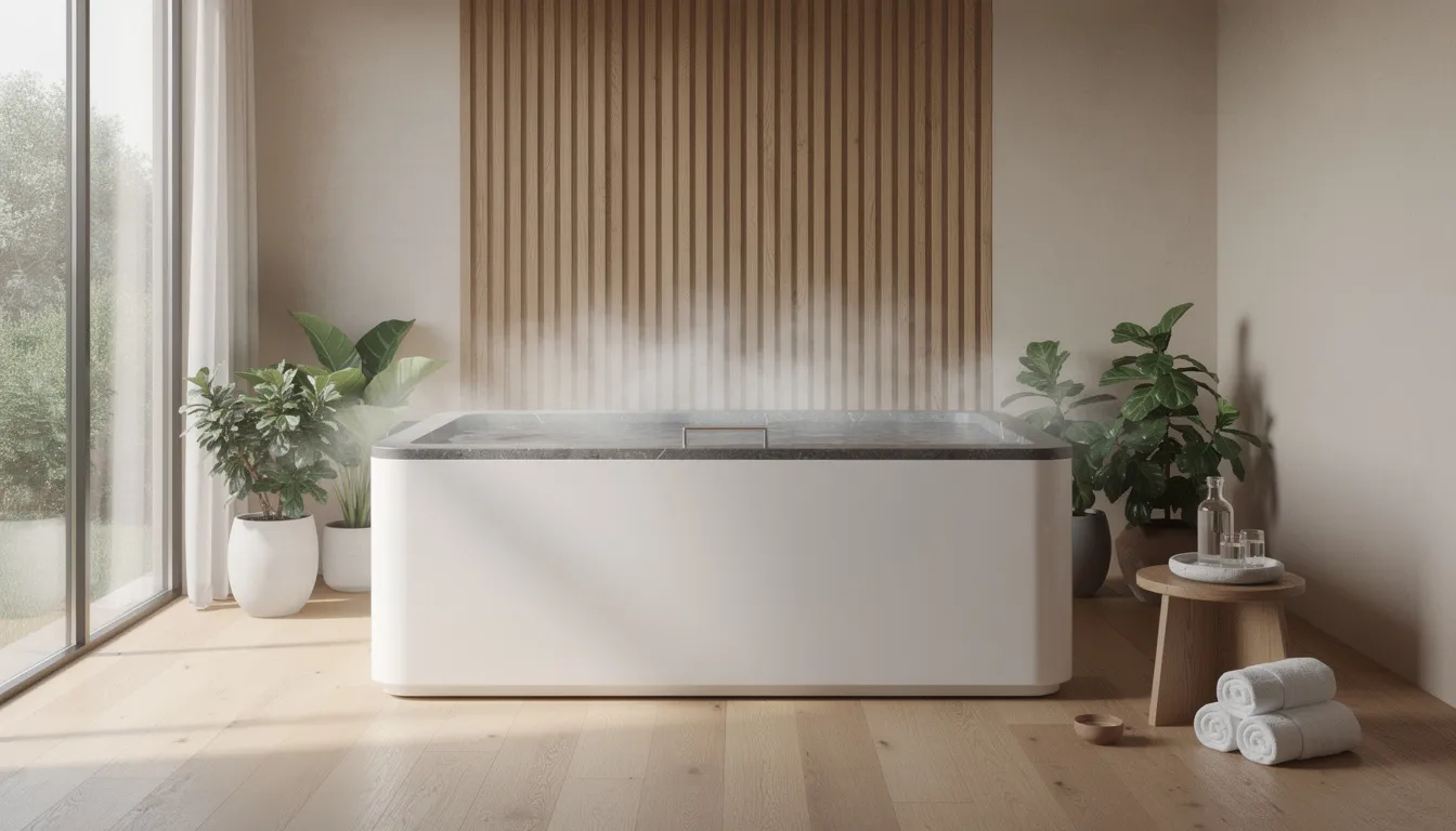 A modern cold plunge tub is elegantly placed in a home spa setting, illuminated by natural light, promoting relaxation and well-being. This serene environment supports lymphatic drainage movement techniques, enhancing lymphatic function and overall health.