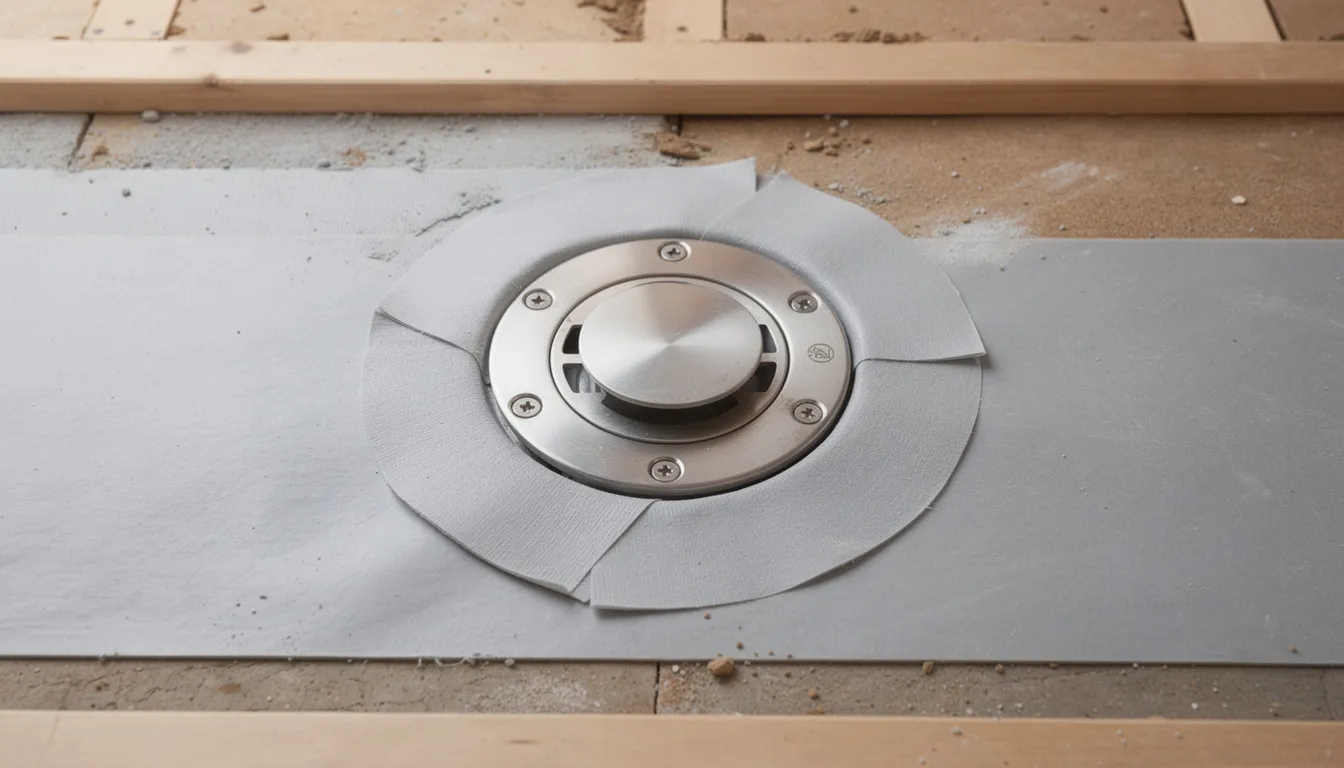 A close-up view of a sauna floor drain installation shows a waterproof membrane surrounding the drain flange, ensuring moisture protection and preventing trapped moisture. This detail is essential for maintaining proper insulation and heat retention in sauna construction, enhancing the overall sauna experience.