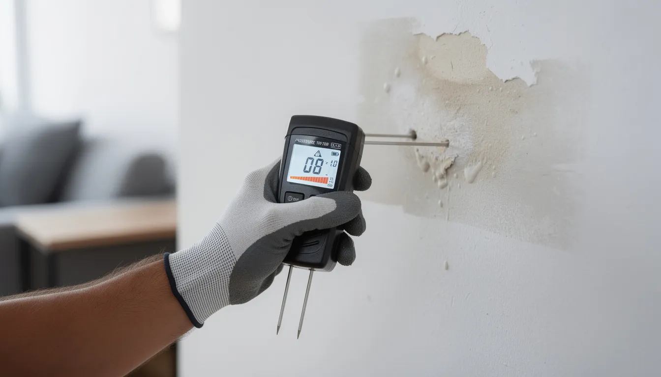 A professional moisture meter is being used to detect water damage in a wall, highlighting the importance of assessing moisture levels to prevent mold growth and ensure indoor air quality. This process is crucial for effective mold remediation and restoration services in properties, especially in areas like Woodstock, GA.