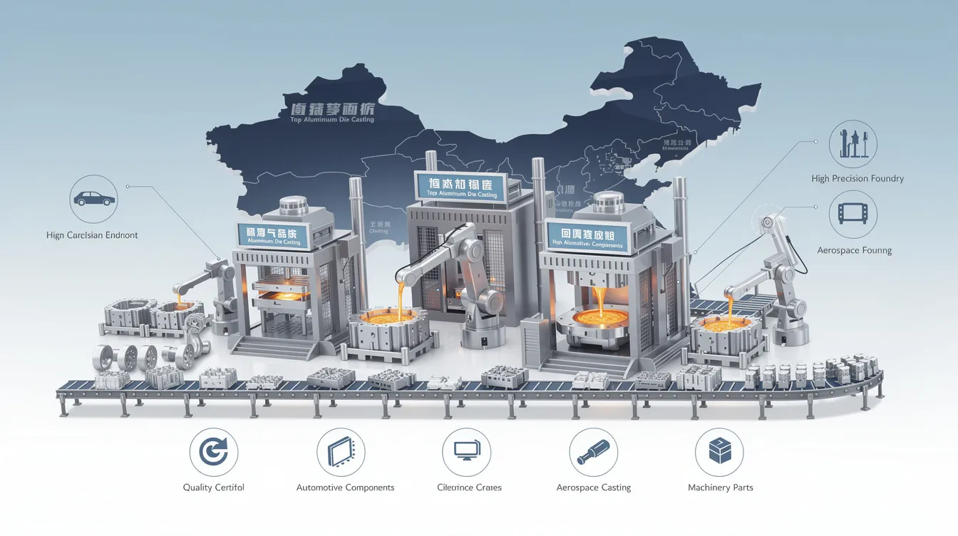 The image showcases a variety of advanced die casting machines used by top aluminum die casting companies in China, highlighting the die casting process for producing high-quality aluminum die casting parts. The scene emphasizes the industrial setting with molten metal being poured into casting dies, illustrating the precision and efficiency of modern manufacturing techniques.