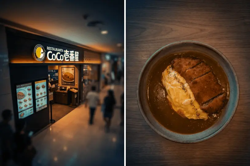 A split image featuring the CoCo Ichibanya restaurant exterior with menu displays on the left, and a close-up top-down view of a comforting omurice topped with a sliced fried cutlet and surrounded by Japanese curry on the right.