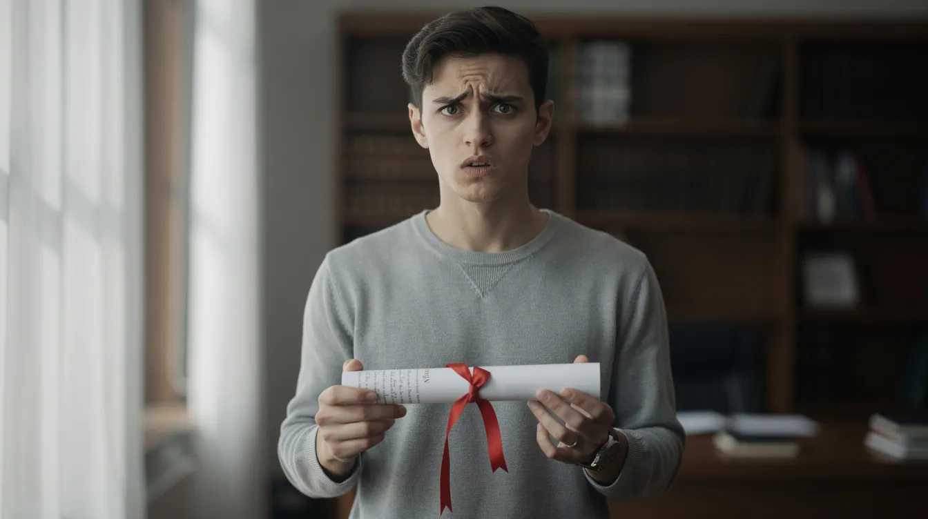 A stressed person is holding a diploma and displaying a worried expression, possibly due to losing their college diploma and contemplating the process of requesting a replacement. The image captures the anxiety associated with the need for a duplicate diploma to prove their educational accomplishments.