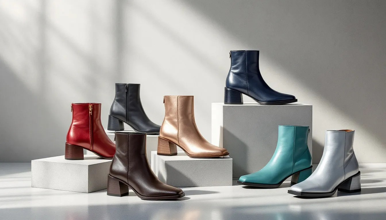 A display of various features of women's square toe boots.
