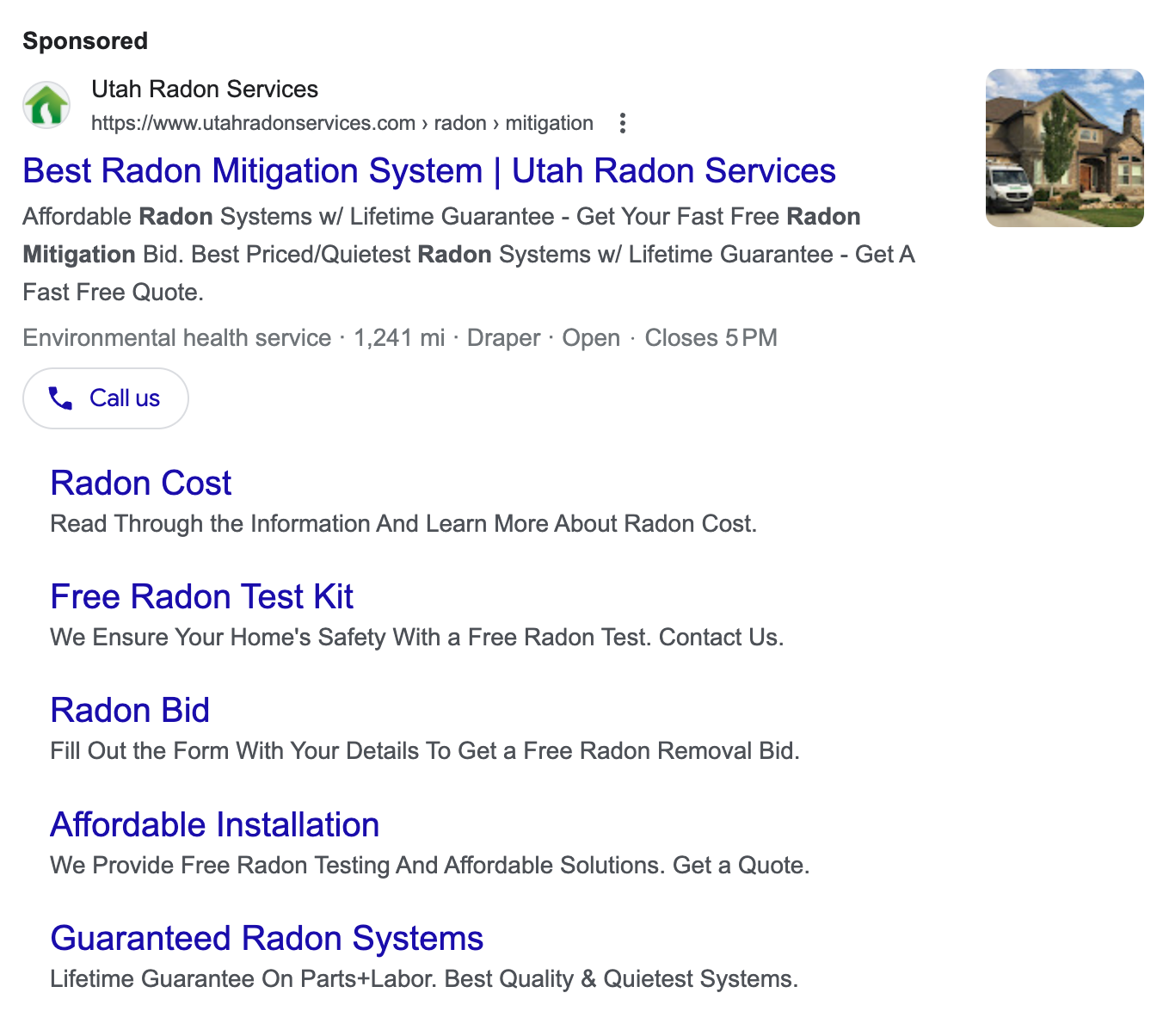 An example of a Google Ads campaign from Utah Radon Services