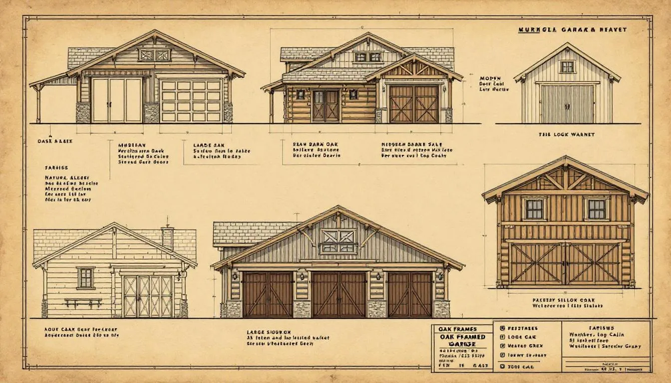 Customization options for an oak framed garage, including various styles and finishes.