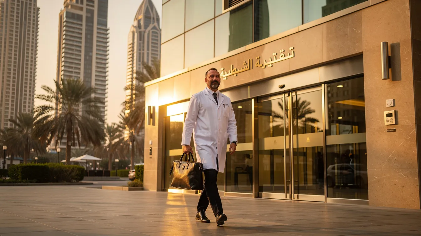 A doctor, dressed in professional attire and carrying a medical bag, walks towards the entrance of a modern apartment building in Dubai, ready to provide home visit medical care. This scene highlights the accessibility of healthcare services, emphasizing the importance of doctor consultations for patients in residential settings.