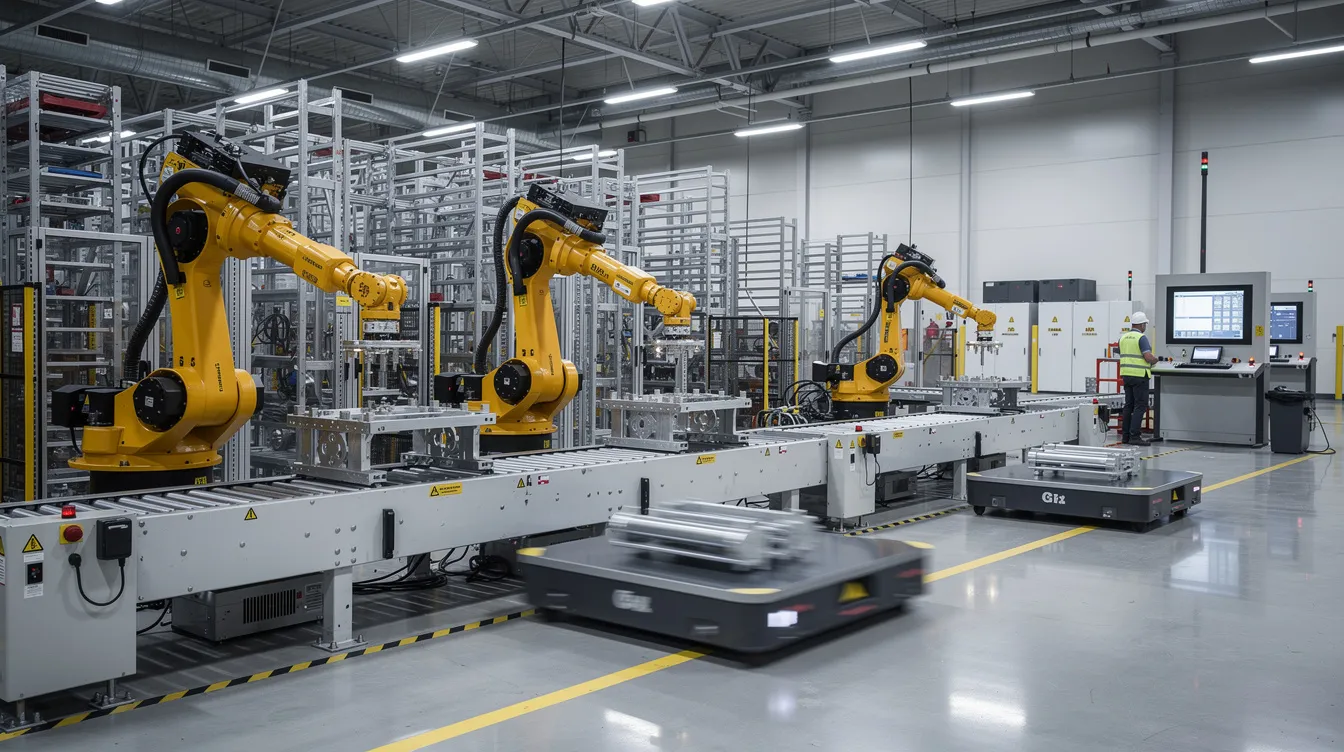 Das Bild zeigt eine industrielle Fabrikhalle mit fortschrittlichen automatisierten Maschinen und Roboterarmen, die synchron arbeiten, um die Produktionseffizienz zu steigern. Diese Hightech-Umgebung demonstriert die Integration von Hardware- und Softwarekomponenten und spiegelt die Zukunft der Fertigung sowie die Rolle der Automatisierung in der modernen Industrie wider.