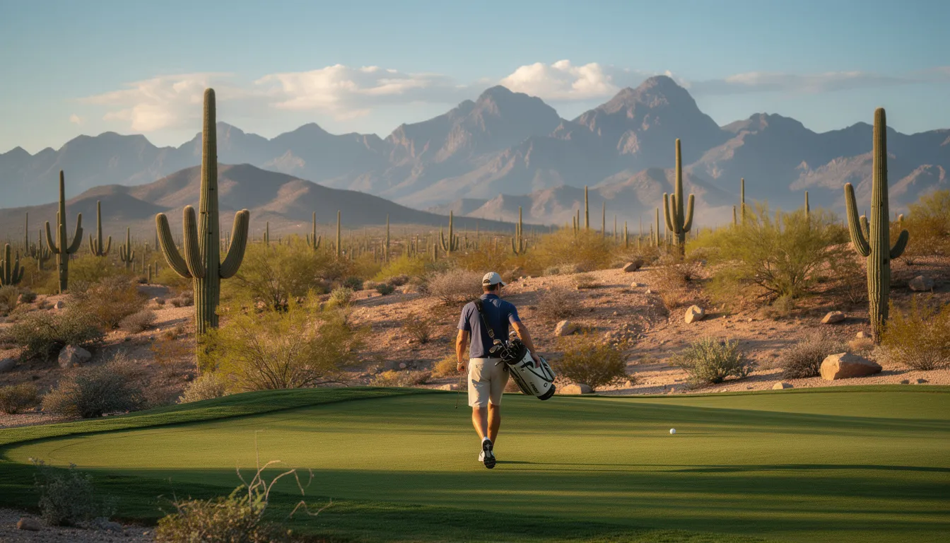 A golfer is walking on a scenic desert golf course, surrounded by cacti and mountains, while managing discomfort from potential sciatica pain. The beautiful landscape contrasts with the challenges of maintaining proper posture and swing mechanics during play.