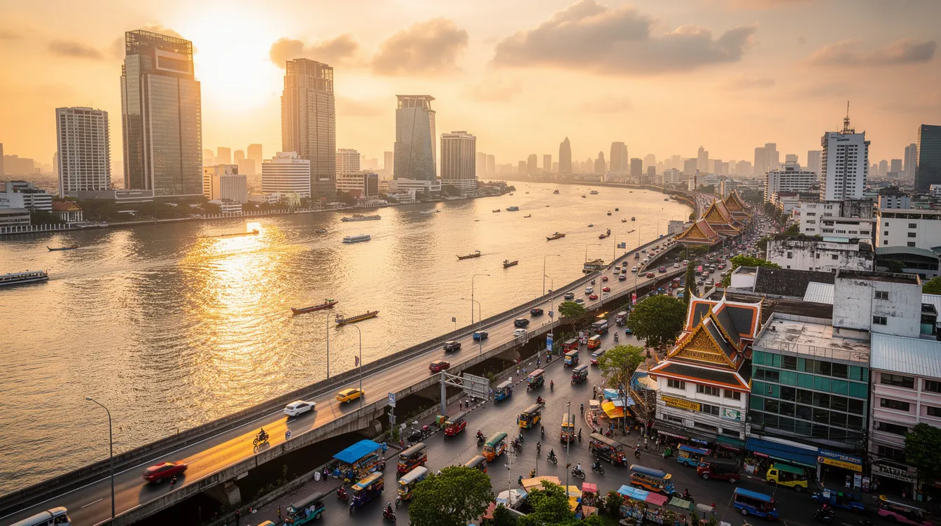 Imagem de Bangkok, na Tailândia, mostrando o Grand Palace, um dos principais templos budistas da cidade, cercado por vegetação e visitantes explorando a rica história e cultura local. A cena reflete a vibrante vida noturna e as opções de passeios disponíveis na capital tailandesa.