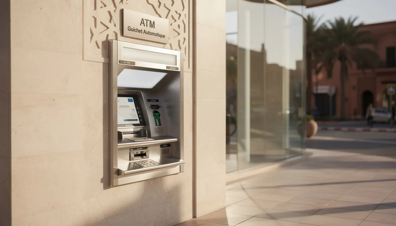 A modern ATM machine stands outside a bank building in Morocco, providing access for cash withdrawals in Moroccan dirham, the official currency of Morocco. This convenient service allows users to withdraw money easily, making it essential for tourists and locals alike.