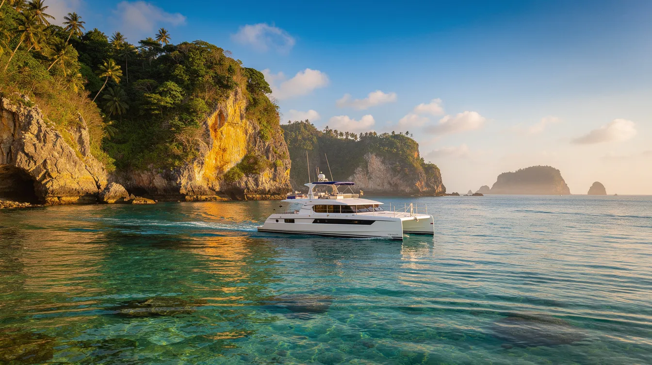 Um catamarã navega suavemente em águas cristalinas de azul turquesa ao longo de uma costa rochosa tropical, refletindo a beleza das ilhas ABC no Caribe, como Curaçao. Ao fundo, pode-se vislumbrar a vegetação exuberante e as paisagens deslumbrantes que tornam este destino um verdadeiro paraíso.