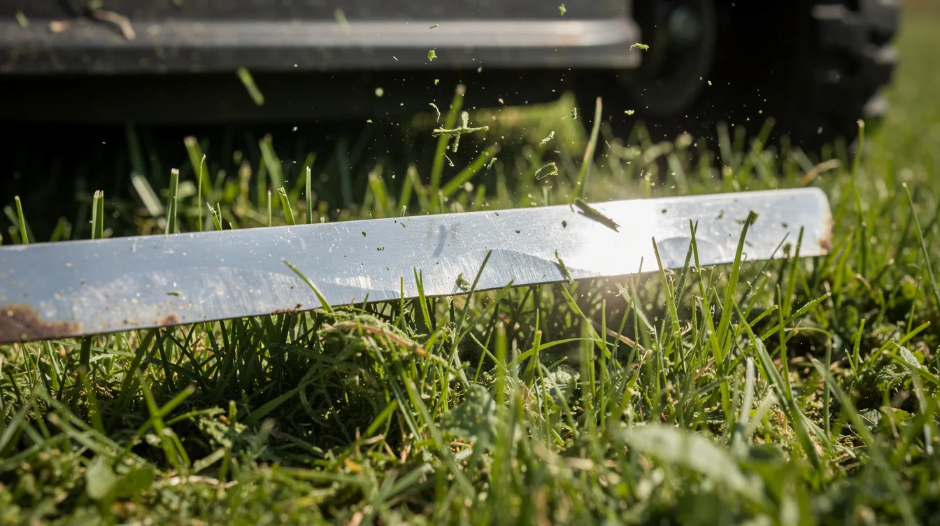 A close-up view captures a sharp lawn mower blade efficiently cutting through healthy green grass, creating fresh grass clippings. This action showcases effective lawn care practices, emphasizing the importance of maintaining grass height according to the one third rule for optimal grass growth and a lush lawn surface.
