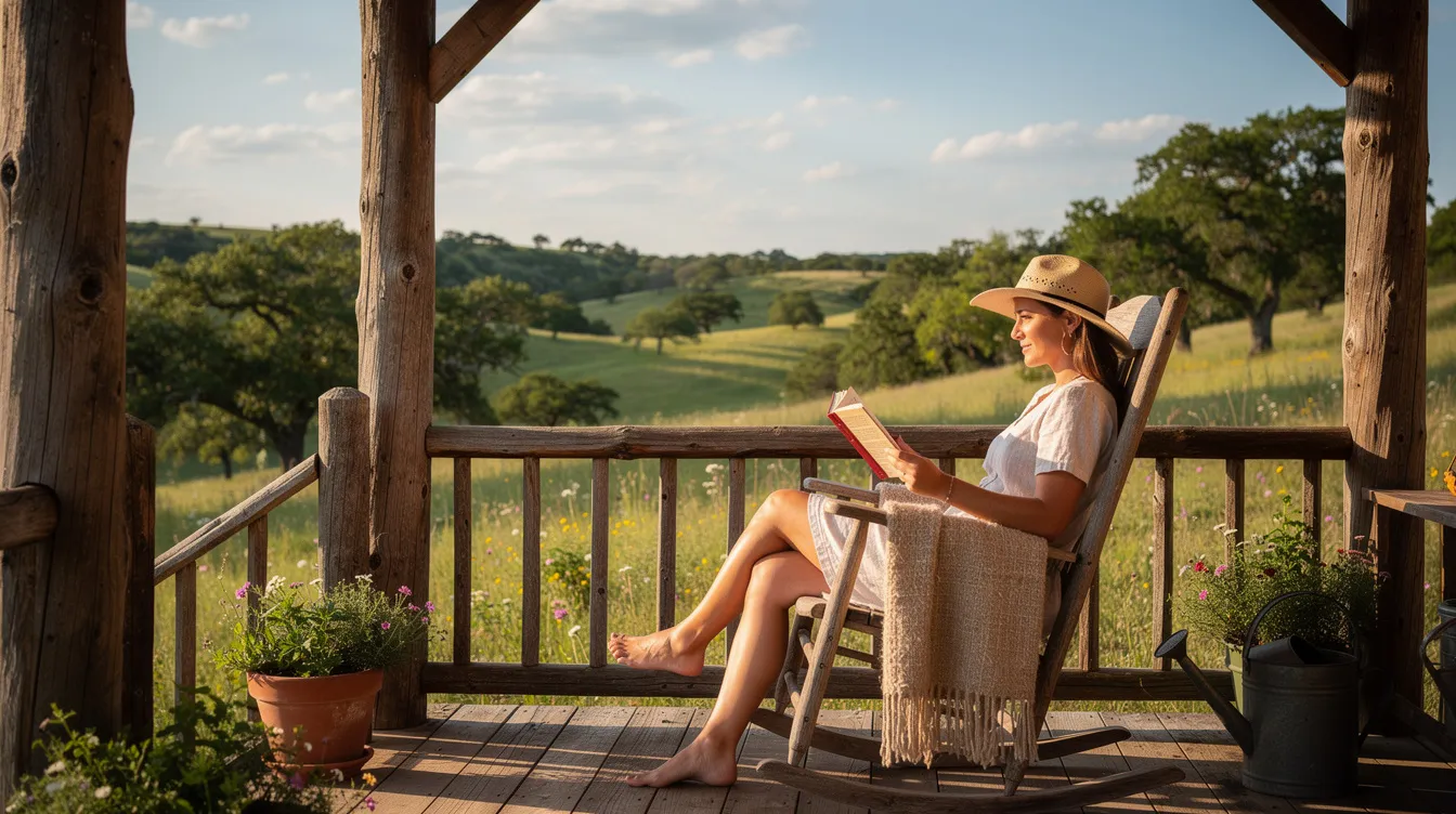 A woman is peacefully relaxing on a porch in the Texas Hill Country, engrossed in a book, with lush rolling green hills stretching out in the background. This serene scene highlights the importance of respite and support for family caregivers, allowing them to take a moment for themselves amidst their caregiving responsibilities.