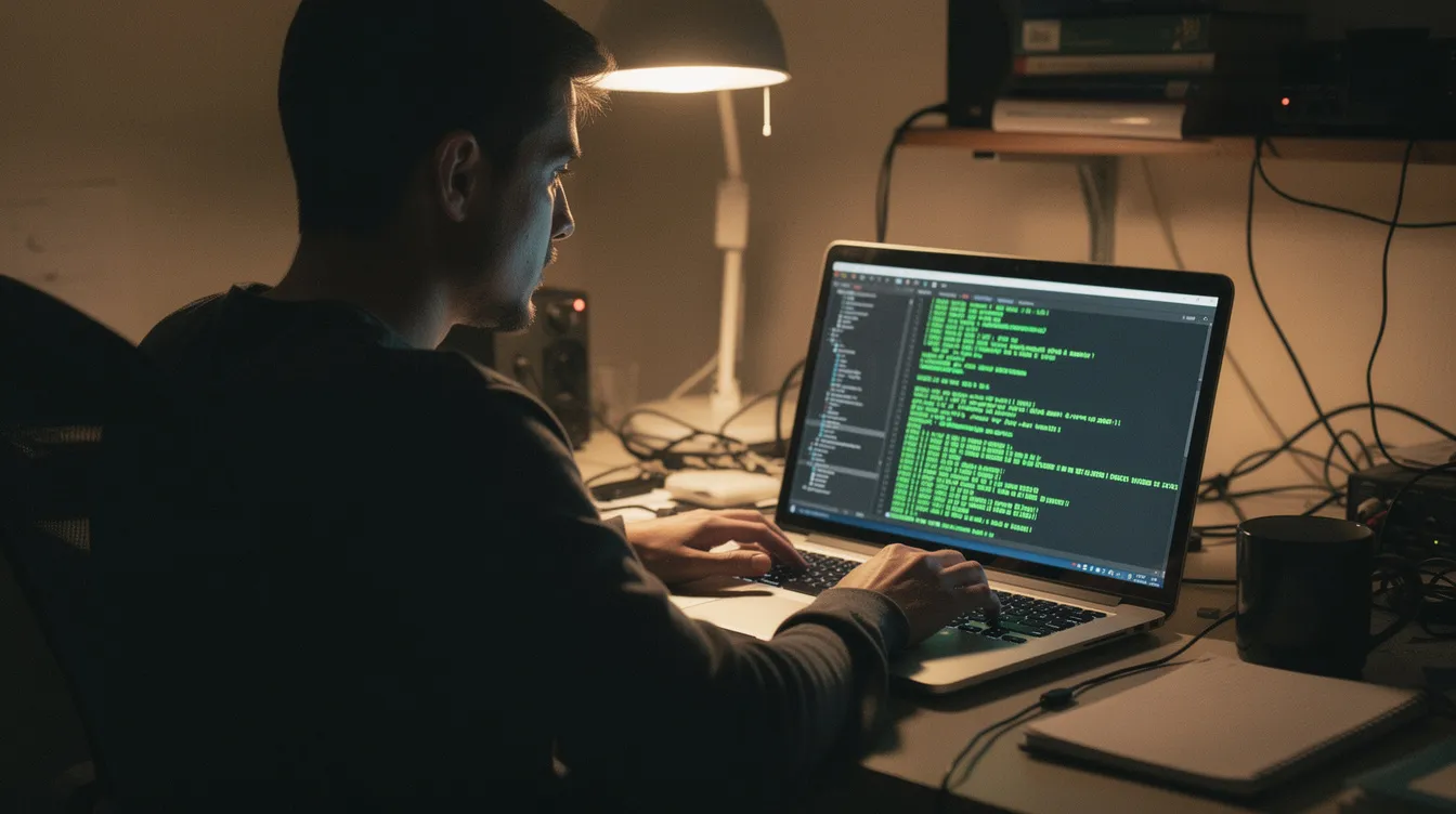 A developer is seated at a desk in a dimly lit room, focused on their laptop terminal, where green text displays lines of code. The atmosphere suggests a vibe coding session, possibly involving ai pair programming as they work on a new project.