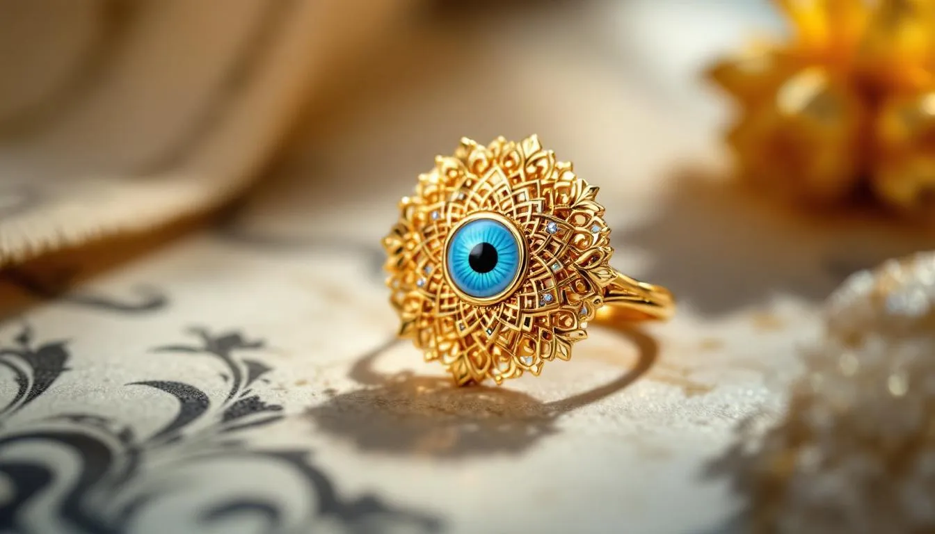 This image showcases a luxurious handmade gold plated 18 karat evil eye jewelry set, featuring a bracelet, ring, earrings, and a necklace, all designed to combine style with protection. The intricate details highlight the sparkling gold finish, making it an ideal choice for those seeking chic gold plated jewellery that symbolizes security and personality.