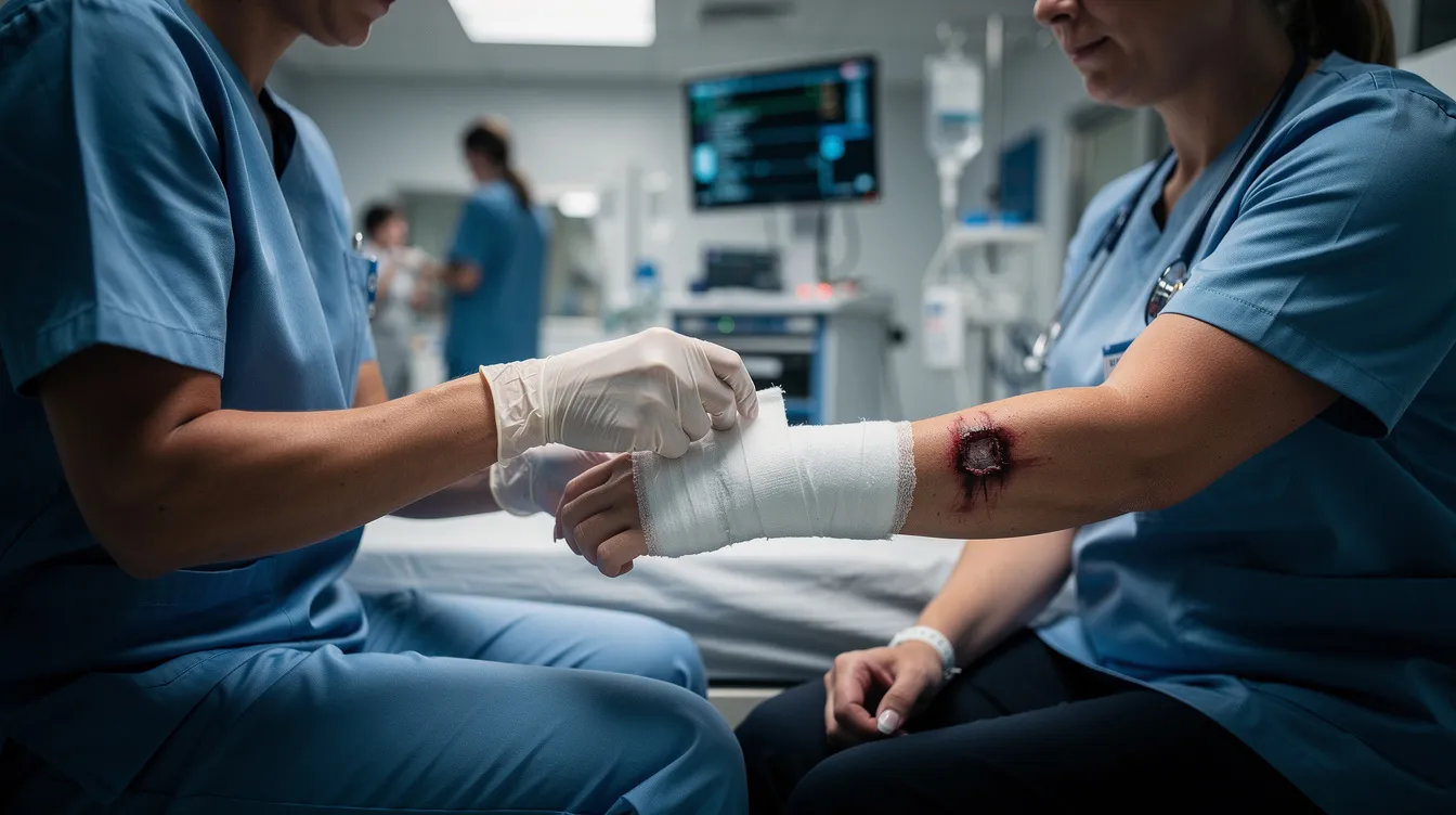 A medical professional is seen carefully bandaging a person's arm wound in an emergency room, highlighting the urgent medical attention often needed for dog bite injuries. This scene reflects the serious nature of dog bite incidents and the importance of seeking prompt care for bodily injuries.