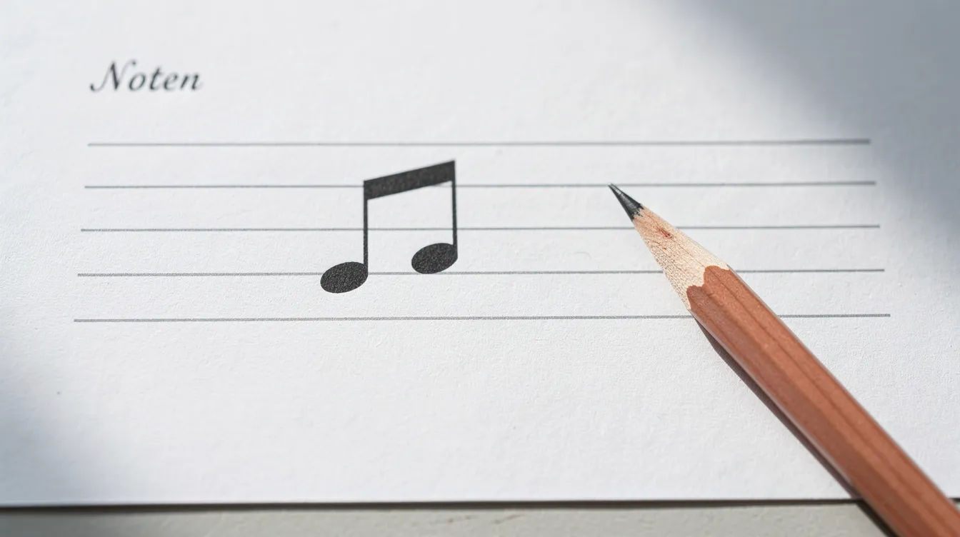 Die Nahaufnahme zeigt ein einfaches Notensystem mit fünf Linien auf weißem Papier, auf dem eine einzelne Note abgebildet ist. Neben dem Notensystem liegt ein Bleistift, der zum Notenlesen und Üben von Musik dient.