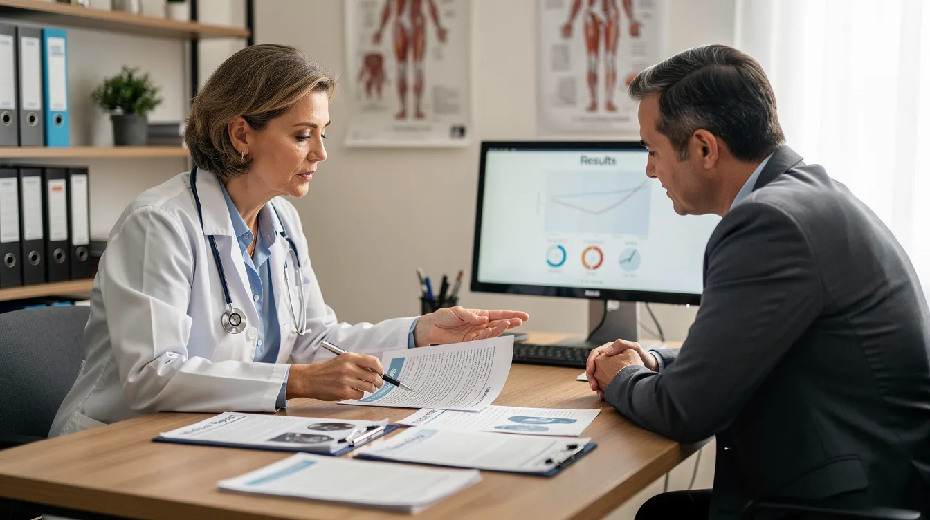 The image shows a doctor and a patient sitting across a desk, engaged in a discussion while reviewing medical documents related to chronic weight management and weight loss medications, including options like Zepbound and Mounjaro. They appear focused on the patient's personal or family history and the implications for managing body weight and controlling blood sugar levels.