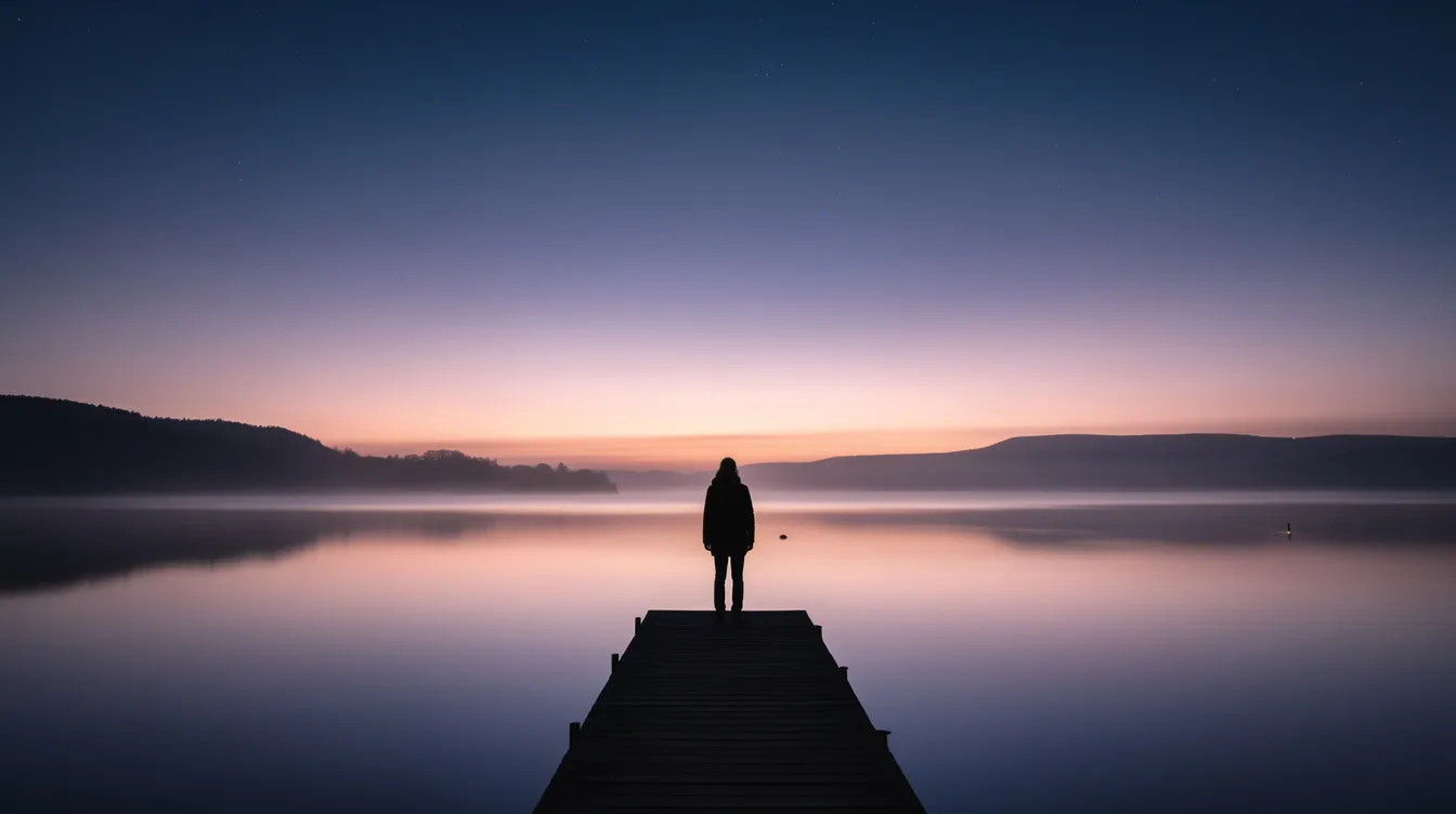Die Silhouette einer einzelnen Person steht auf einem Steg an einem ruhigen See, während der Himmel in wechselnden Farben zwischen Dämmerung und Nacht leuchtet. Diese Szene erinnert an die Atmosphäre eines Science-Fiction-Dramas, in dem Begegnungen mit außerirdischen Wesen und die Suche nach Antworten im Vordergrund stehen.