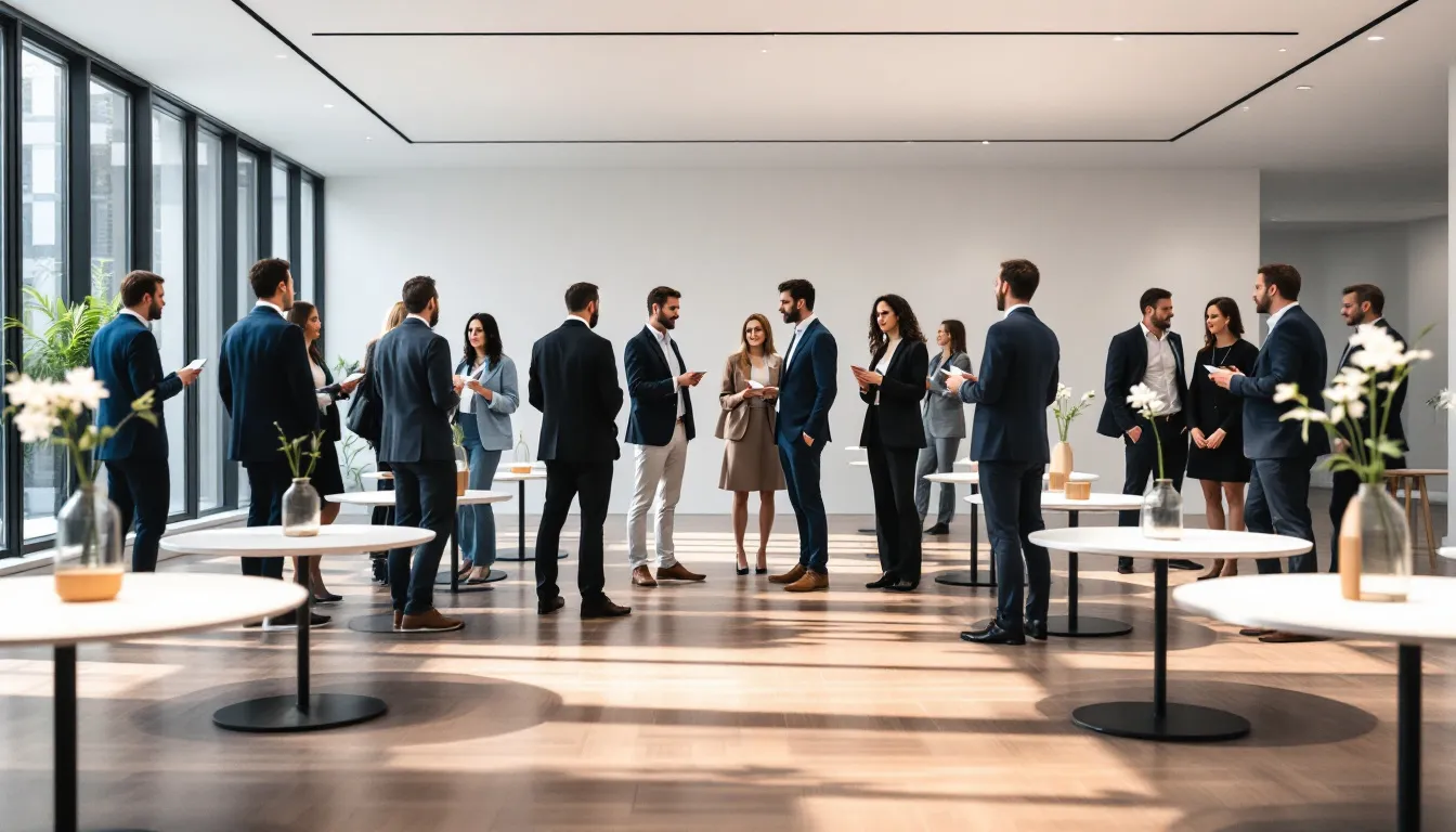 A networking event with professionals exchanging business cards.