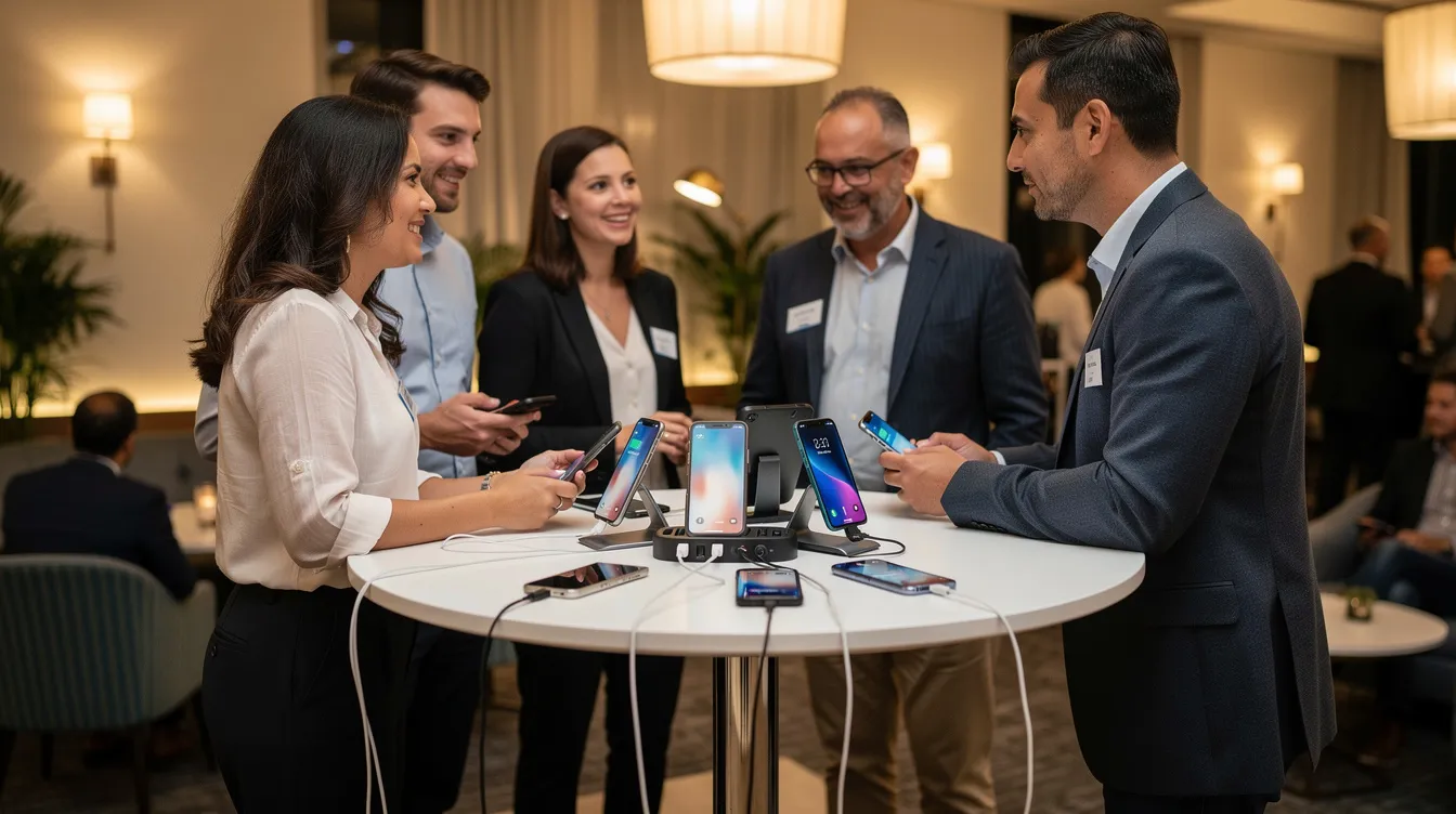 The image shows a high top cocktail table in an event lounge, surrounded by people who are engaged in conversation while charging their mobile devices using wireless charging pads and built-in cables. This setup highlights the importance of providing charging stations for guests at corporate events, ensuring they stay connected and enhancing their overall experience.