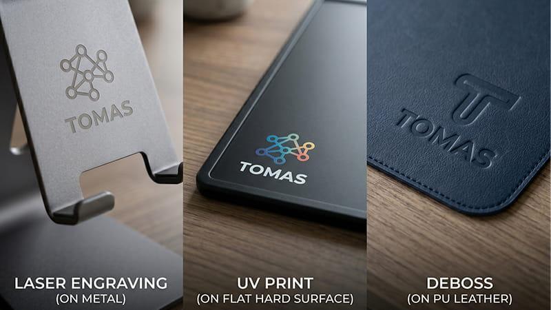 Logo customization methods: laser engraving, UV print, and deboss, realistic close-up