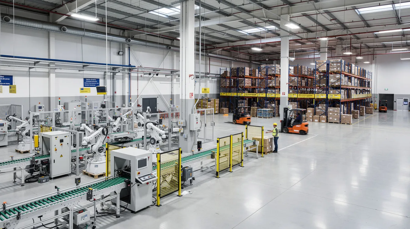 The image depicts a large industrial manufacturing facility featuring various production equipment and active warehouse operations, illustrating the complexity of board governance in managing such organizations. This environment highlights the importance of effective board governance practices in ensuring operational efficiency and financial performance.