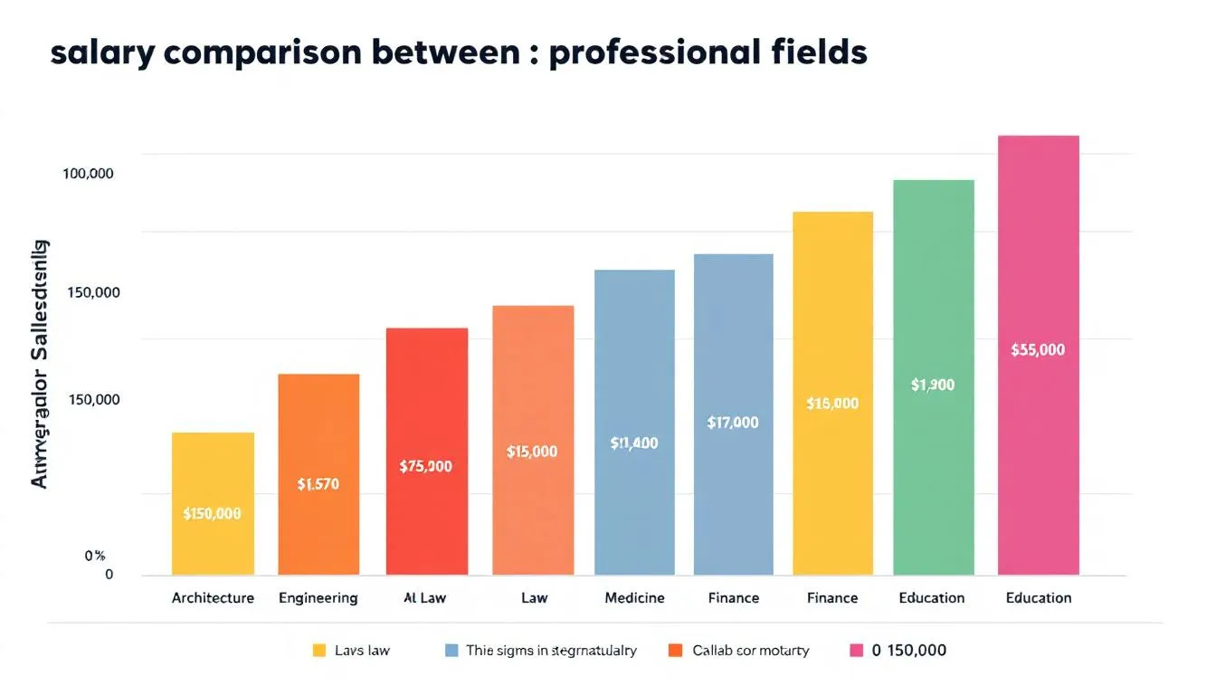 The image displays a chart comparing salaries in architecture with those in other professional fields, highlighting the differences in wages and emphasizing the importance of professional development and the perceived value of various careers. It visually represents the challenges and successes faced by employees in different industries, underscoring the significance of competitive pay and benefits.