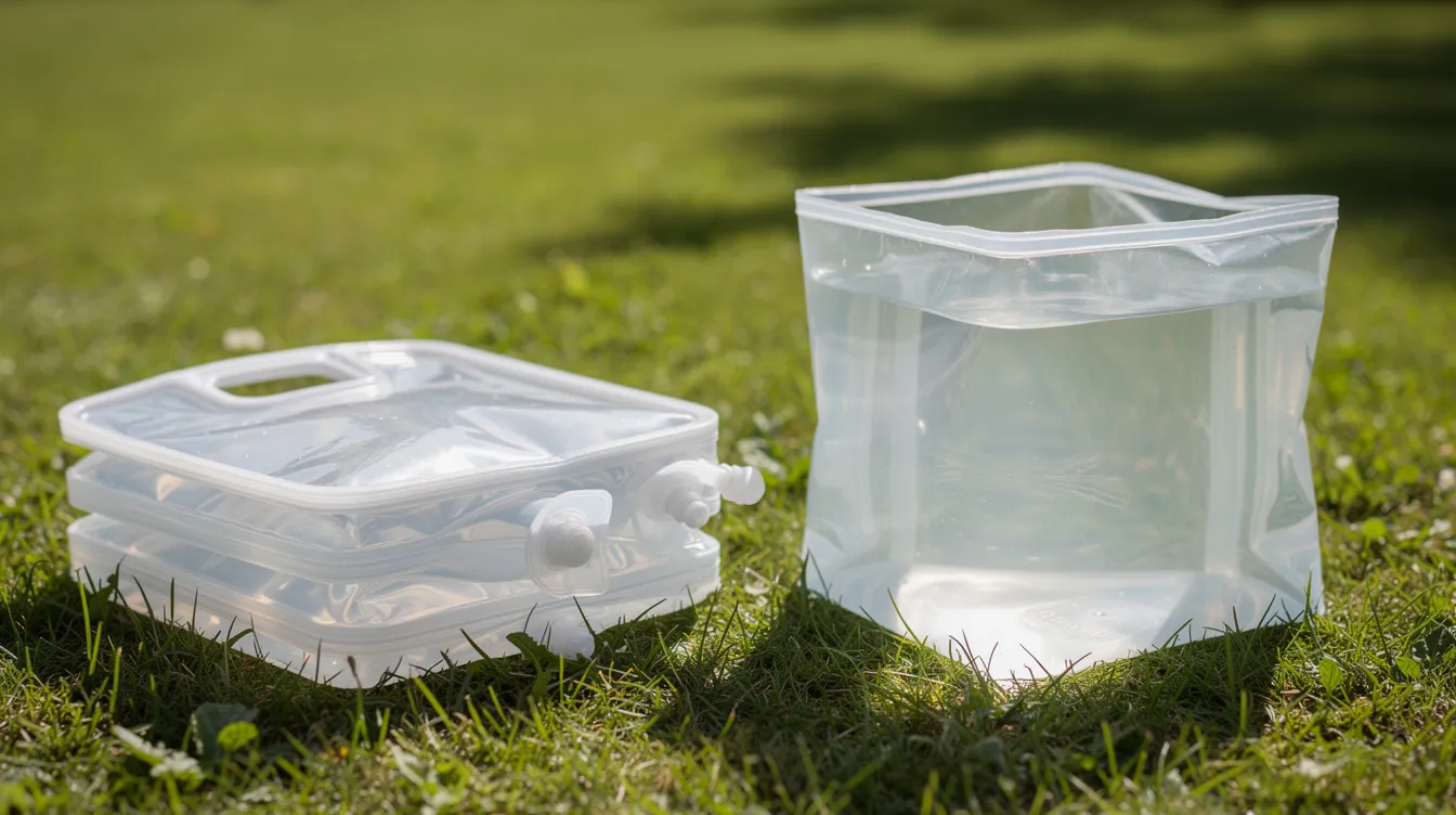 The image shows a collapsible water cube, flat and folded on the grass beside its fully expanded version filled with clean drinking water. This versatile camping water container is ideal for outdoor hydration needs during a camping trip or emergency water storage.