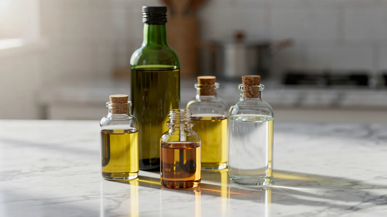 The image features several small glass bottles filled with various cooking and carrier oils, including olive oil and coconut oil, arranged neatly on a light marble countertop. The collection highlights common carrier oils used in culinary applications, with the distinct scents of each oil potentially evoking thoughts of aromatic compounds and their culinary uses.