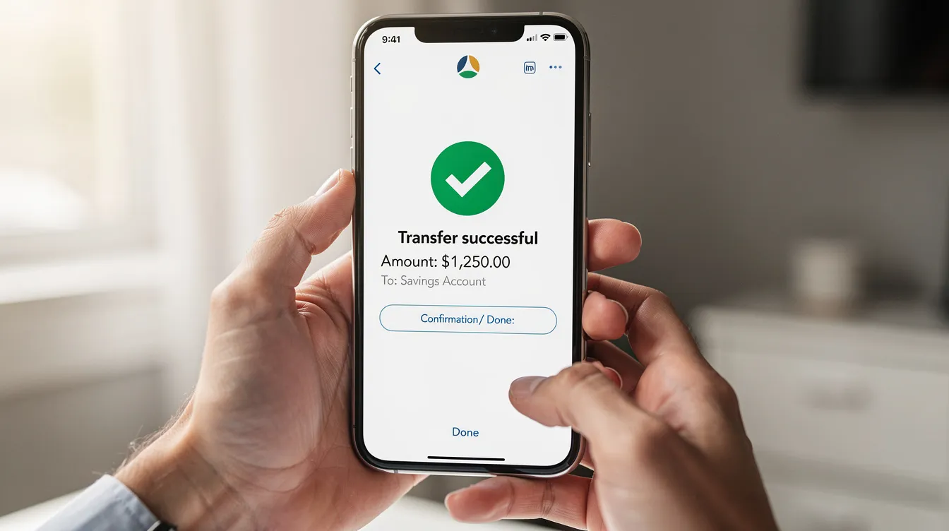 A pair of hands holds a smartphone that shows a successful bank transfer confirmation screen, featuring a prominent green checkmark. The display indicates a transaction made through the faster payment system, likely involving Hong Kong dollars or renminbi.