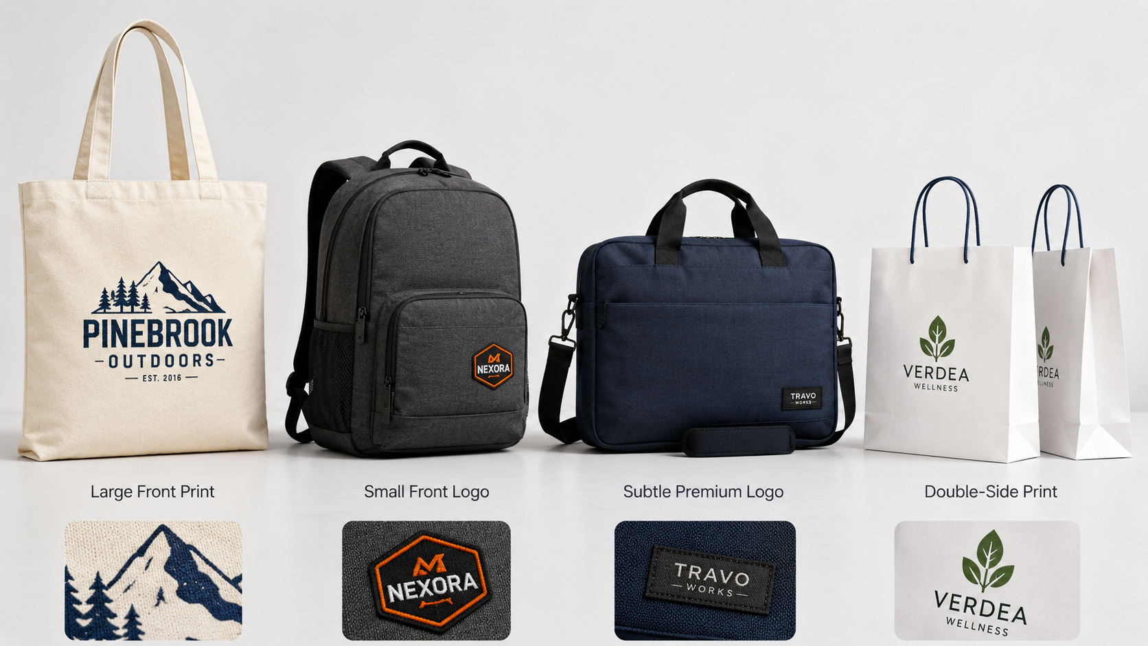 Custom bag logo placement options including front print, woven patch, subtle premium label, and double-side printing