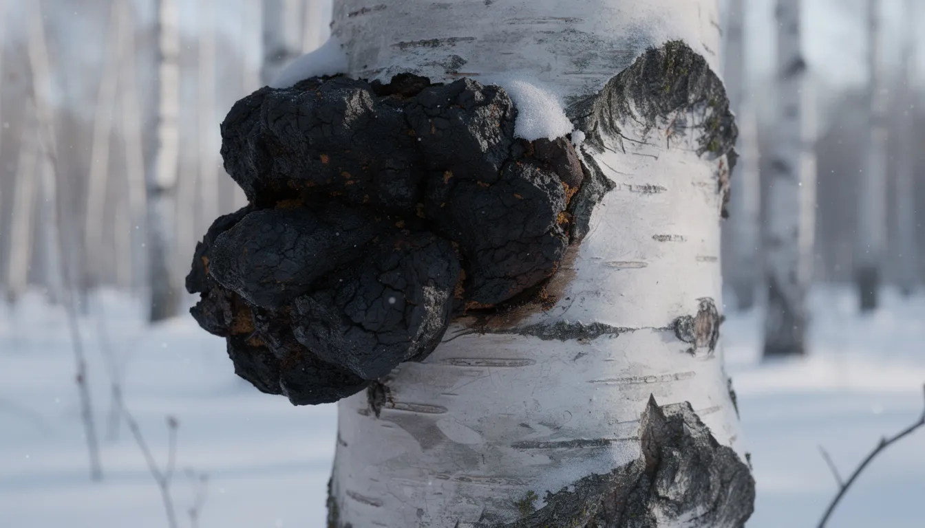 Ein schwarzer Chaga-Pilz, auch bekannt als Inonotus obliquus oder schiefer Schillerporling, wächst an einem Birkenstamm in einem verschneiten Winterwald. Dieser Vitalpilz ist für seine gesundheitlichen Vorteile und seine Verwendung in der Volksmedizin bekannt.