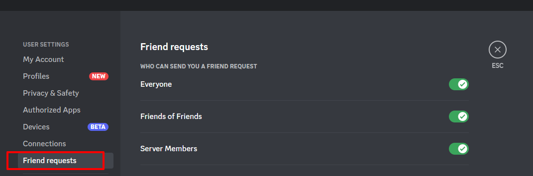 Picture showing how to adjust the friend request setting on Discord