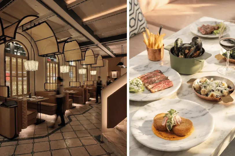A split view featuring a bright, elegantly designed dining room with arched windows and booth seating on the left, alongside a marble table showcasing a spread of gourmet dishes like steak, mussels, and gnocchi on the right.