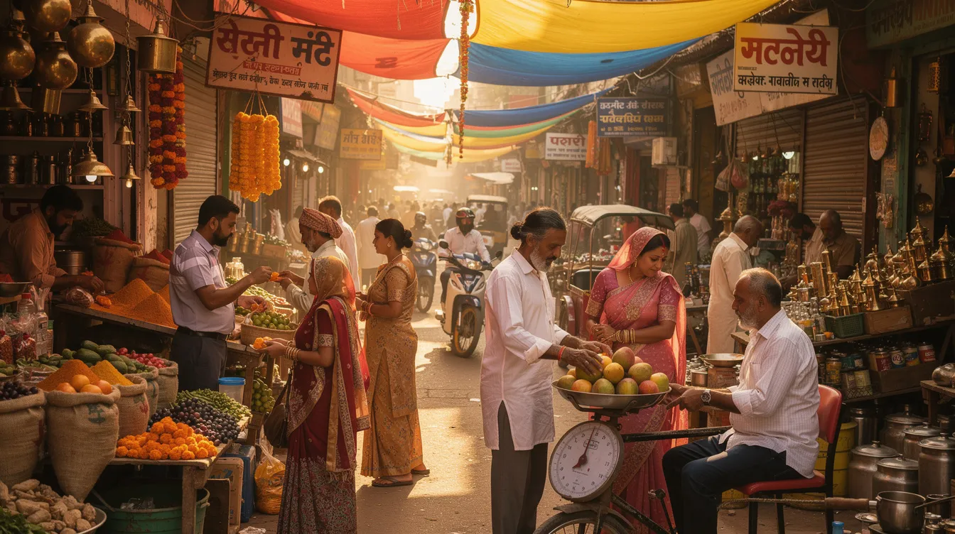 The image depicts a vibrant Indian marketplace filled with small shops and traders bustling with activity. Stalls are adorned with colorful goods, while various individuals engage in commerce, highlighting the essence of micro businesses and the financial support they seek through initiatives like the Mudra loan scheme.