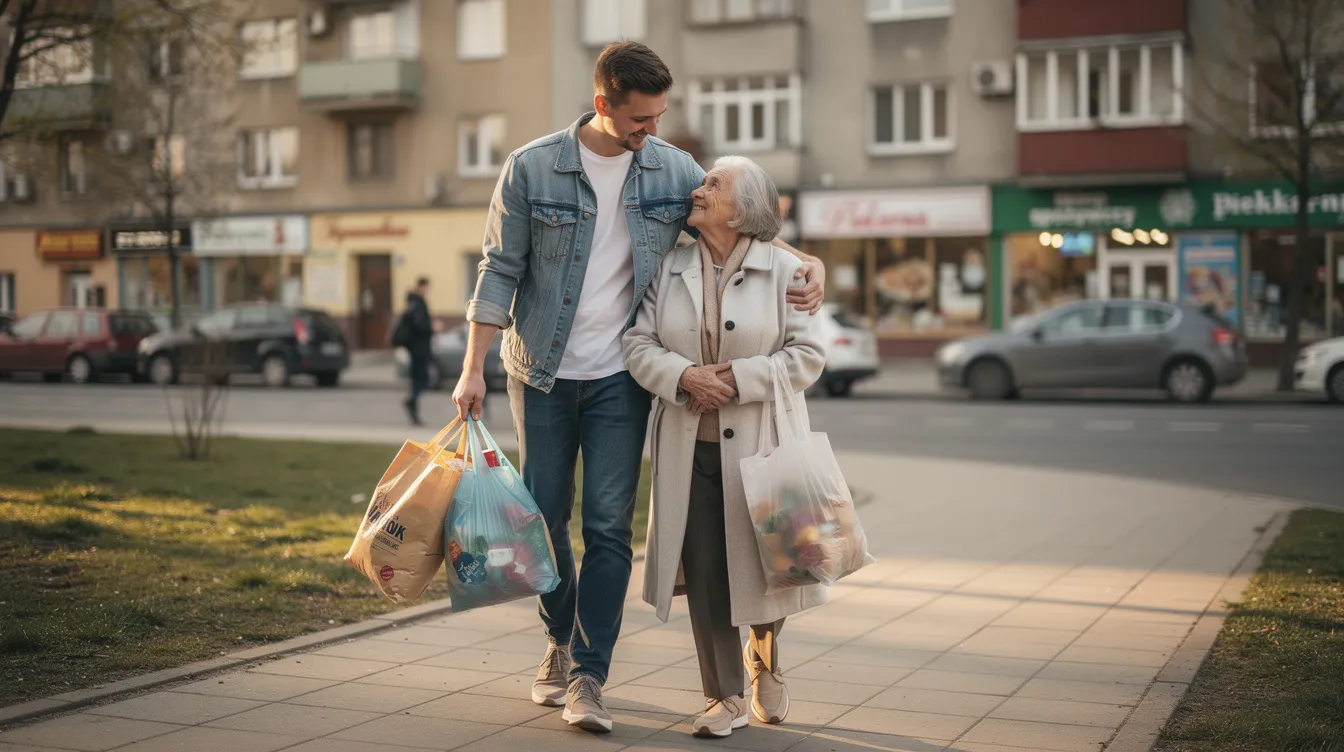Na obrazku młoda osoba z uśmiechem pomaga starszej osobie w niesieniu torb z zakupami, co jest doskonałym przykładem dobrego uczynku. Scena rozgrywa się na chodniku, gdzie obie osoby wyglądają na zadowolone z tej formy współpracy i empatii.