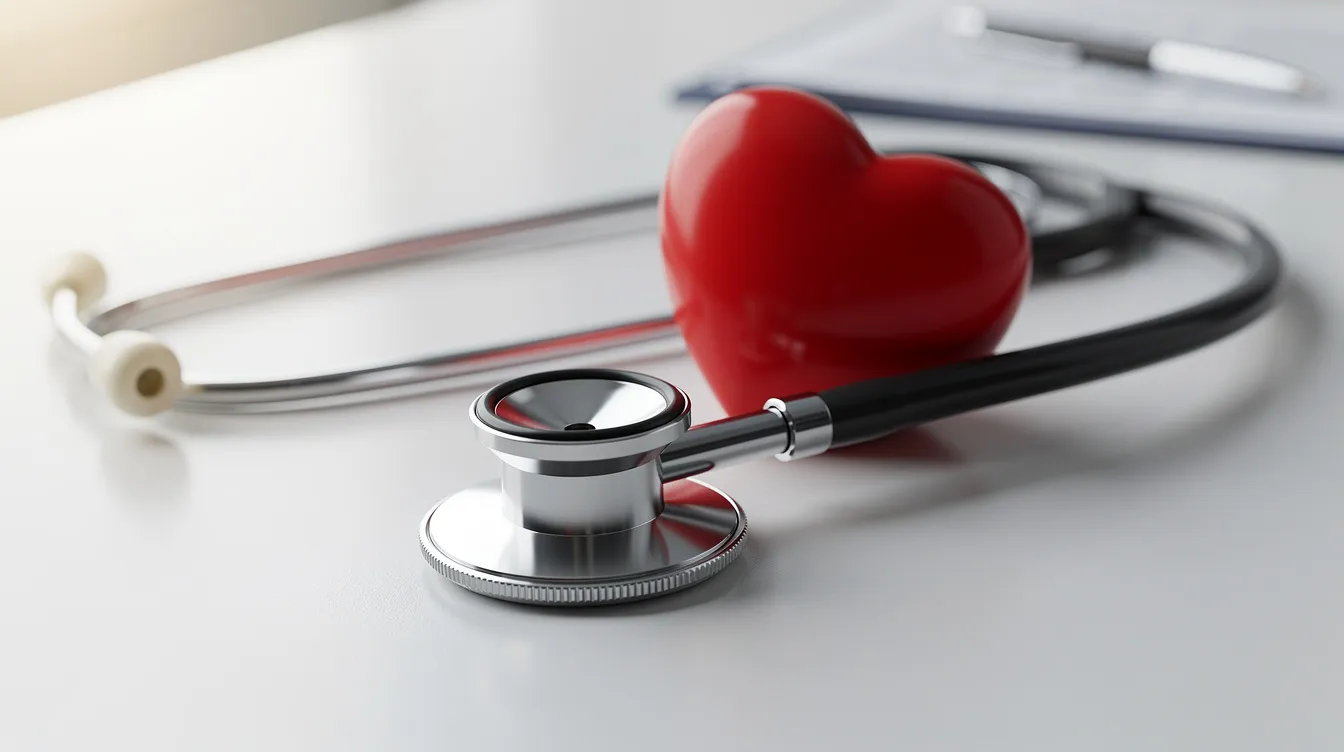 The image features a stethoscope lying next to a red heart-shaped object on a medical desk, symbolizing cardiovascular and metabolic health. This arrangement suggests a focus on supporting healthy cholesterol levels and blood sugar balance in a clinical setting.