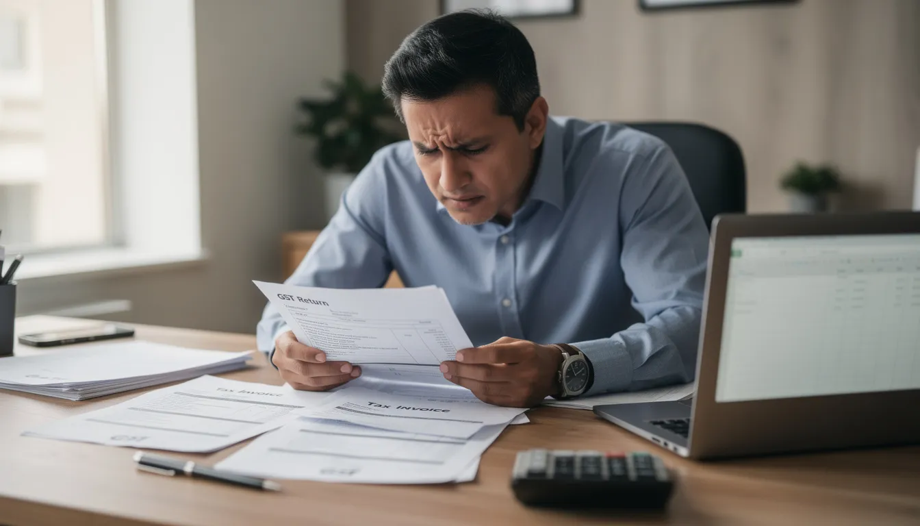 A concerned business owner sits at a desk, reviewing GST documents and tax invoices, reflecting the complexities of compliance under the goods and services tax regime. The scene highlights the importance of understanding input tax credits and the implications of the GST Act on their business operations.
