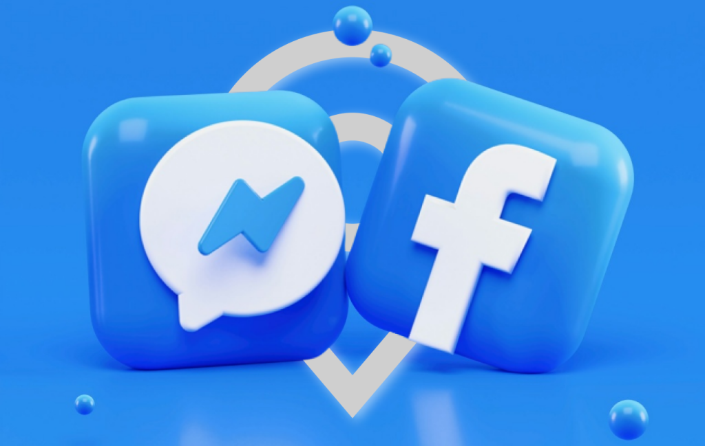 3D icons of the Facebook and Messenger logo, with a location icon in the background