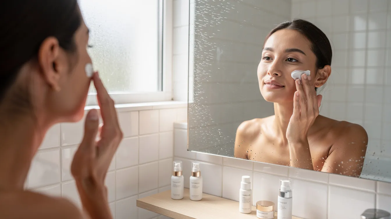 A person is gently applying broad spectrum sunscreen to their face while looking in a bathroom mirror, emphasizing diligent sun protection for healing skin after co2 laser resurfacing treatment. The setting highlights the importance of proper care during the recovery period to support the healing process and protect the treated area from sun exposure.