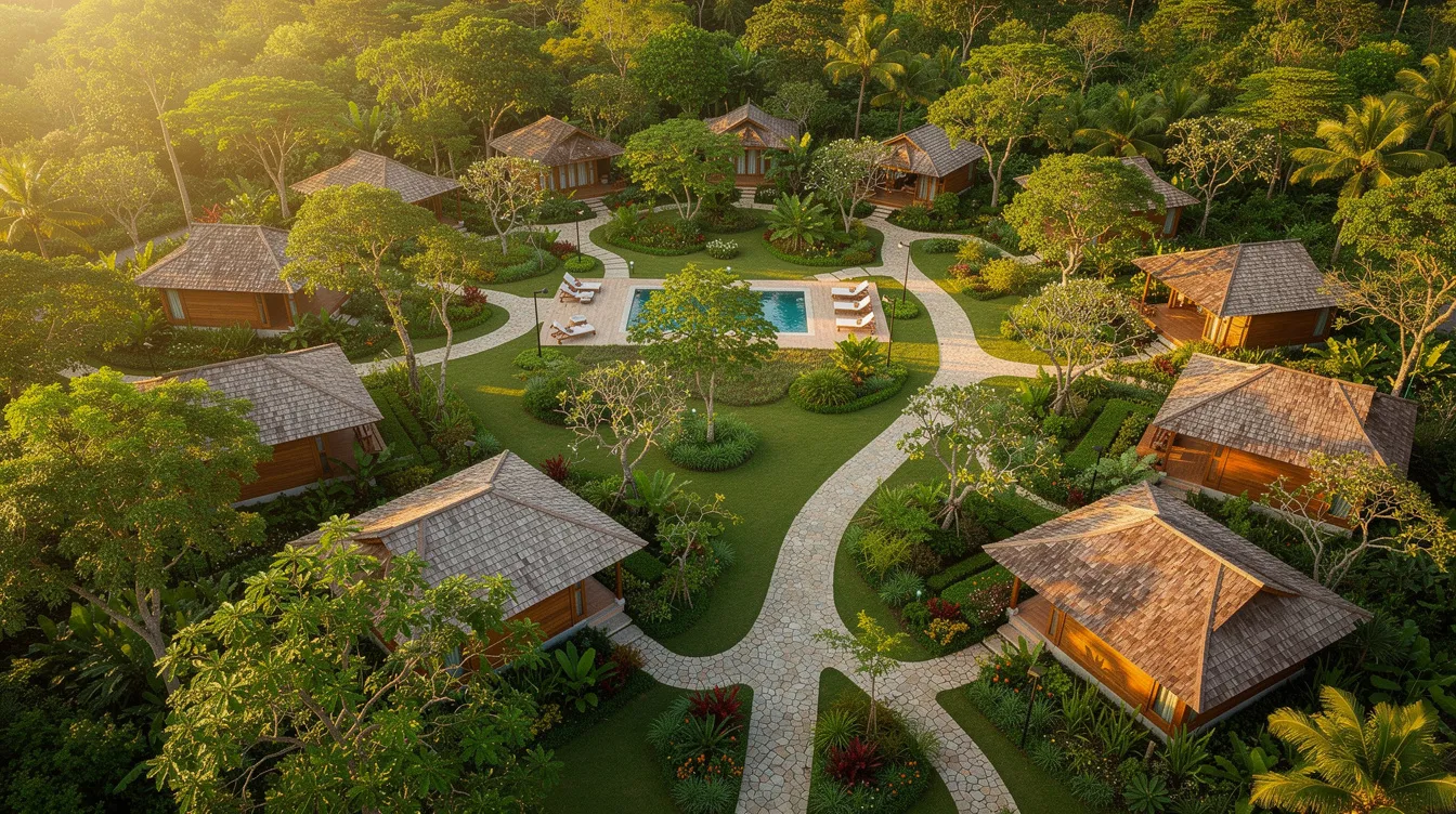An aerial view showcases a resort featuring individual cottages nestled among lush green trees, with a winding pathway connecting them. This tranquil setting highlights the beauty of resort projects in India, emphasizing the potential for luxury accommodations amidst nature.