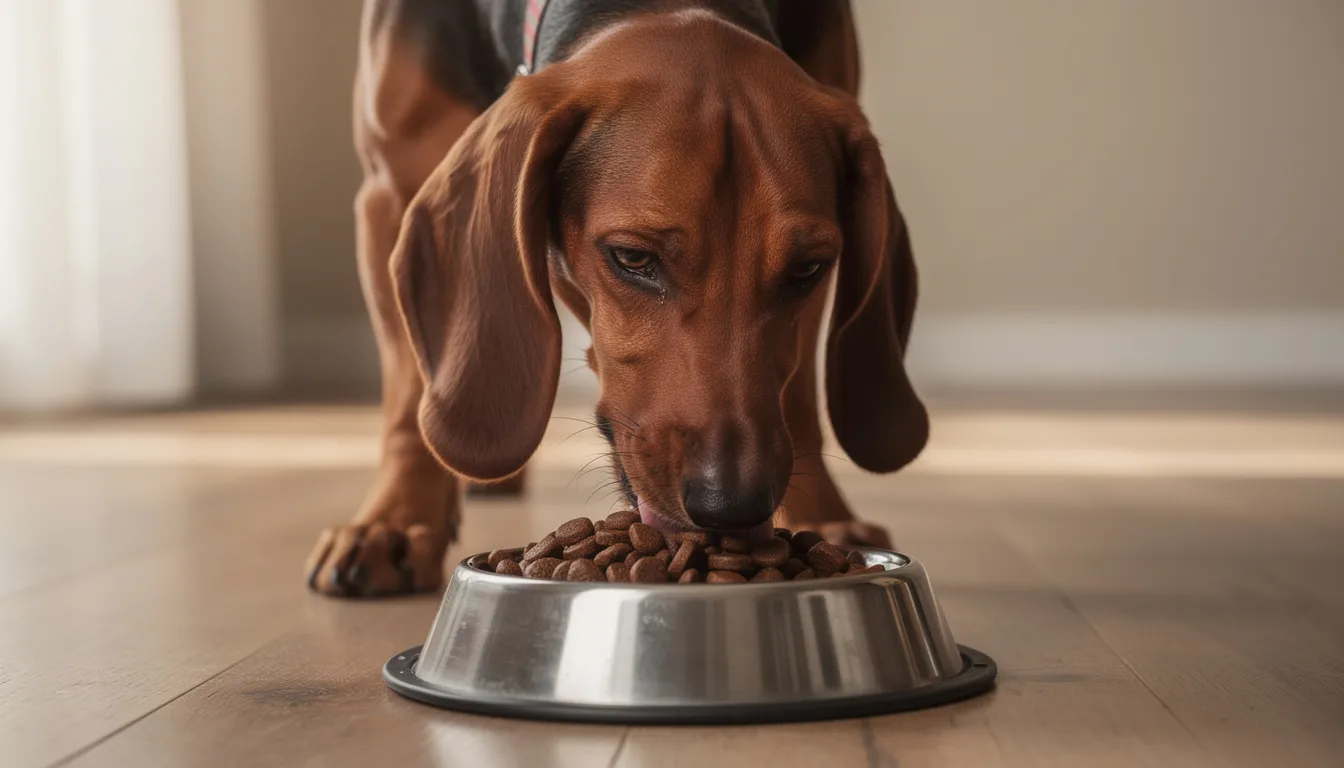 A Hanoverian scenthound, known for its calm and friendly nature, is happily eating high-quality kibble from a dog bowl. The dog, with its distinctive dark deer red coat and floppy ears, showcases the unique traits of this rare breed while enjoying a nutritious meal.